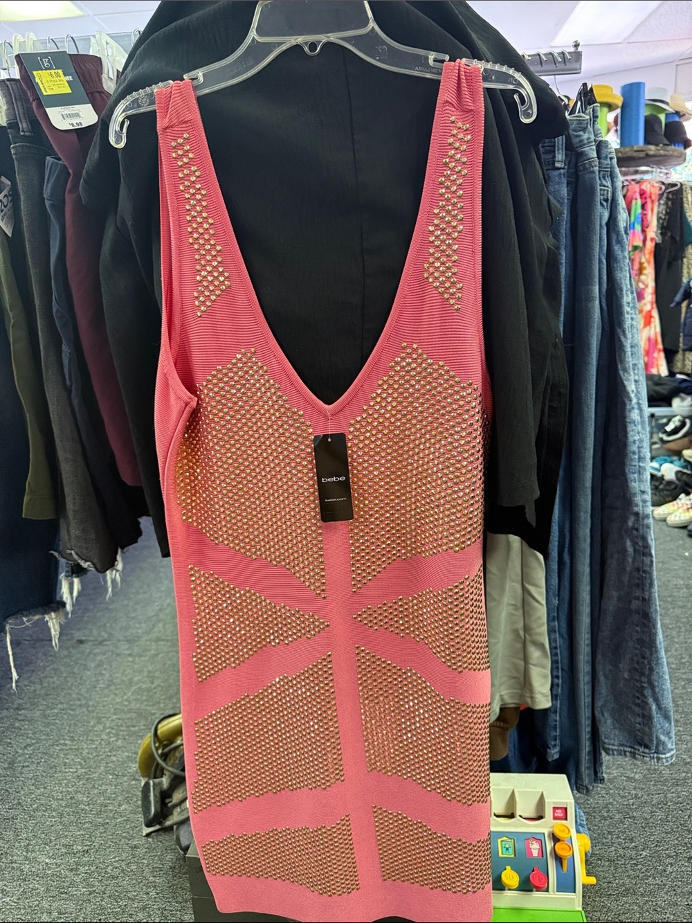 bebe Hot Pink Studded Sleeveless V-Neck Dress
